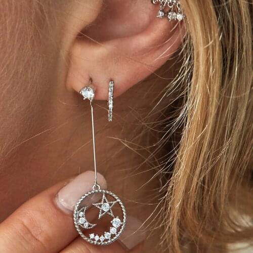 Classic Geometric design Round circle engrave cz moon star long tassel chain dangling dangle earring Chrstimas gift