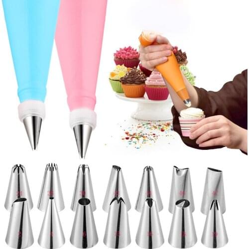 16 pieces/set of silicone pastry bag tips Kitchen cake icing pipe cream cake decoration tool Reusable pastry bag + 14 nozzle set