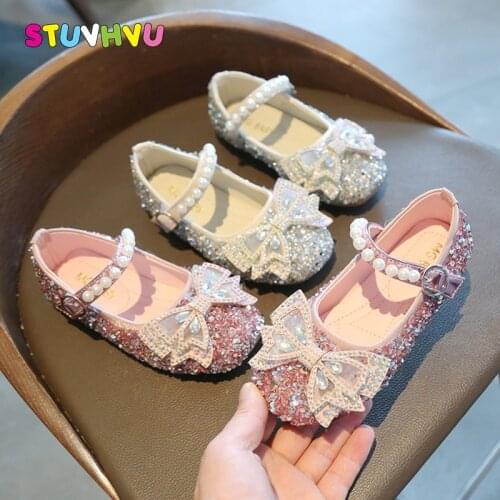 Sequin Leather Girls Shoes Rhinestone Bowknot Kids Shoes Princess Dance Single Casual Shoe 2021 New Party Wedding Children Shoes