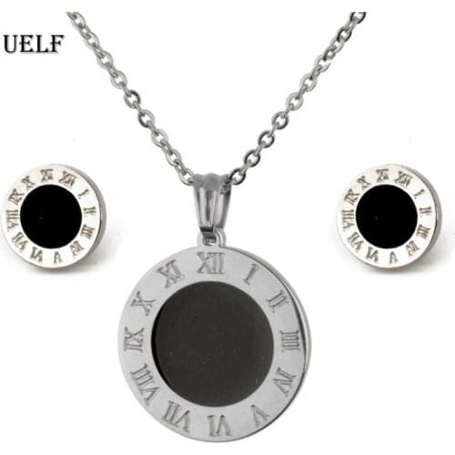 UELF Round Pearl Shell Jewelry Roman Numerals Stylish Silver Color Pendant Necklace Earrings Fashion Wedding Jewelry Sets