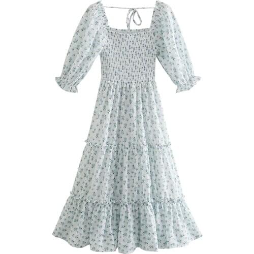 YENKYE Sweet Floral Print Holiday Party Dress Women Sexy Square Neck Puff Sleeve Summer Elegant Ladies Dress Midi Robe