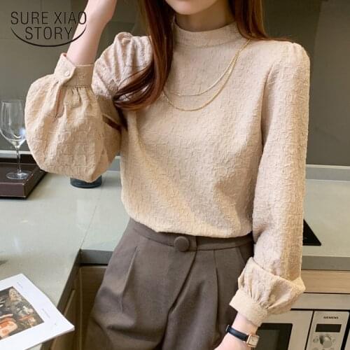 Autumn New Elegant Solid Folds Blouse Women Casual Plus Size Stand Collar Female Shirts Long Sleeve Ladies Clothing Blusas 15907