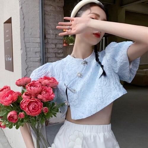 ZCSMLL Shirt female design sense niche fashion temperament bubble sleeve round neck blue jacquard short top 2021 summer tide