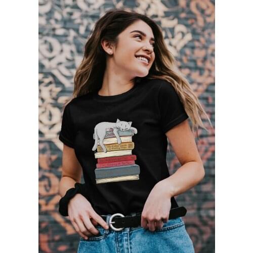 Sleeping Cat and Book Graphic Tees Women Harajuku Summer Short Sleeve T-shirt Streetwear Tumblr Female Vintage Tops Clothing