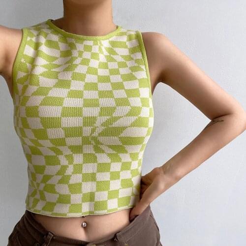 Plaid Printed Y2K Knitted Womens Tank Tops Summer Harajuku Vintage Crop Tee Streetwear Aesthetic Cute Shirts 2021