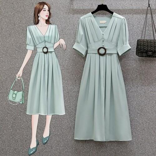 Vestidos De Fiesta Plus Size Beach Dress Summer 2021 New Office Ladies Short Sleeve Boho V-Neck Elgant Party Pleated Midi Dress