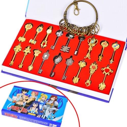 18pcs/set Anime Fairy Tail Lucy Heartfilia Sign of the Zodiac Metal Keychain Pendant Necklace Gold Key Ring AccessioriesGift