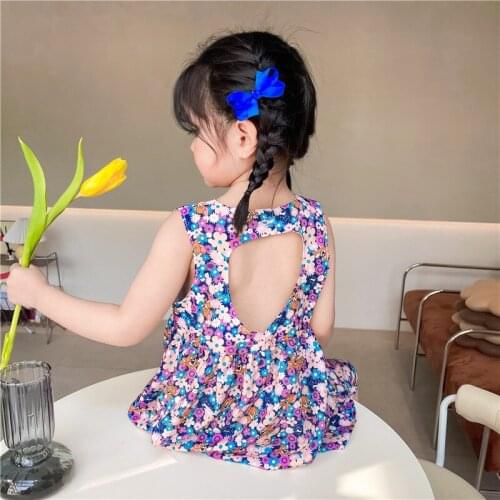 2021 Girls Dress Summer Silky Floral Back Vest Dress Carefully Machine Halter Dress Toddler Girl Sleeveless Princess Dresses