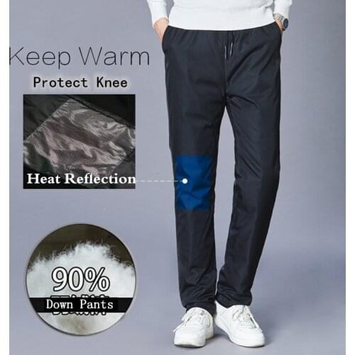 4XL Mens Down Pants Winter Outdoor Hiking Sports Warm Pants Thicken Windproof Thermal Loose Straight Down Cotton Trousers