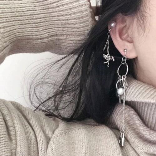 Cupid Angle Heart Asymmetric Pendant Metal Tassel Drop Earring Fashion Jewelry