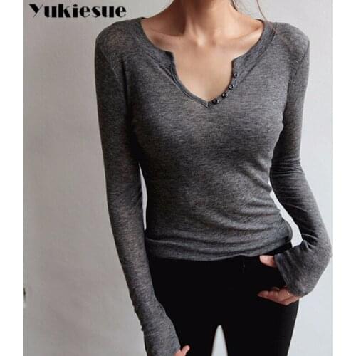 T Shirt for Women Tops 2018 Sexy V Neck Long Sleeve Top Tees female Casual Button Blusas Femininas T-shirt womens t-shirts