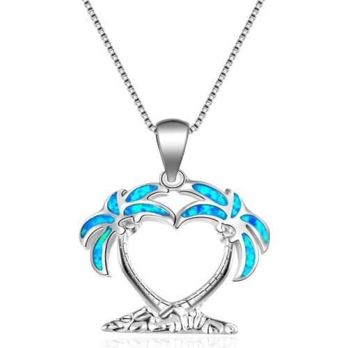 Blue Opal Coconut Tree Pendant Island Breeze Necklace Classic Silver Color Chain Necklaces For Women Summer Jewelry Beach Gifts