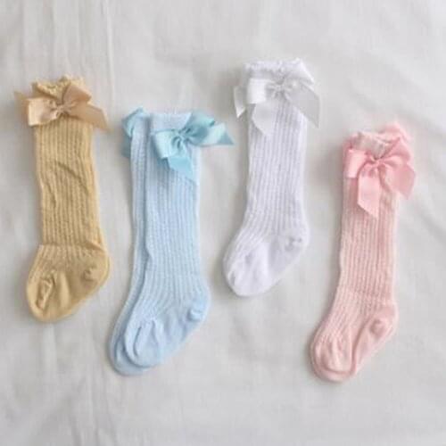 Baby Girls Tights Toddler Baby Bow Cotton Mesh Breathable Ribbon Bow High Stockings Newborn Infant Non-slip Baby Girls Stockings