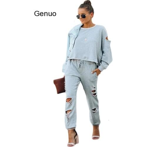 Two Piece Set Outfits Autumn Womens Tracksuit Short Hoodie Hollow Out Crop Top Hole Ripped Sweatpants Jogger Sport Suit