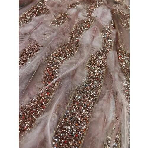 Nice looking glued glitter fabric with feather ZH-18988 good quality African lace fabric for shinning dress