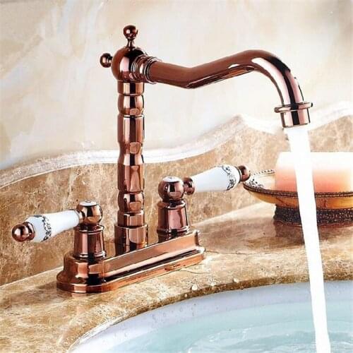 Bathroom Basin Faucet Brass Sink Mixer Tap Hot & Cold Ceramic/Crystal Dual Handle 2 Holes Rotating Lavatory Sink Water Crane Tap