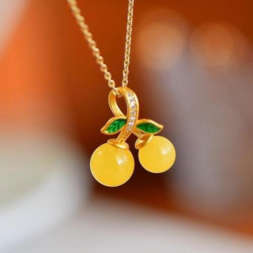 "Small Cherry" Hot Fruit Style Natural Raw Ore Beeswax Pendant Sterling Silver Gold Plated Exquisite Sweet Necklace for Women