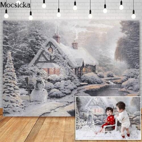 Mocsicka Christmas Winter Wonderland Photography Backdrops Snow House Photographic Studio Photo Backgrounds Snowman Decor