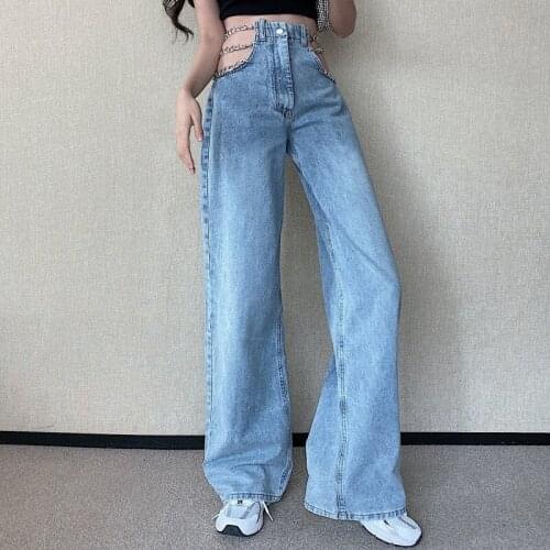 Sexy Elegant Ladies Europe Fashion Jeans Woman Streetwear Side Cross Chain Hollow Out Wide-Leg Womens Jeans High Waist Pants
