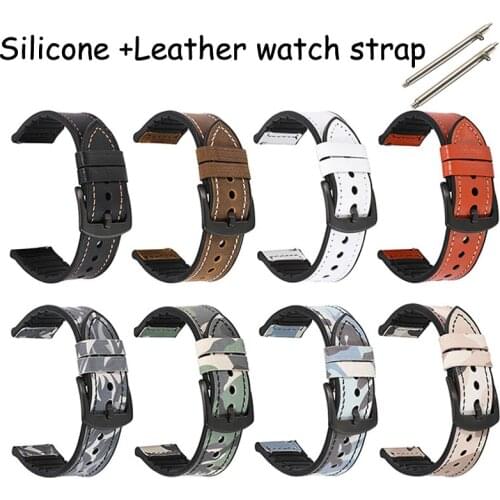 20mm 22mm Genuine Leather Silicone Watch Band for Huawei Watch GT Amazfit GTS Camouflage Replacement Watch Strap Wrist Bracelet