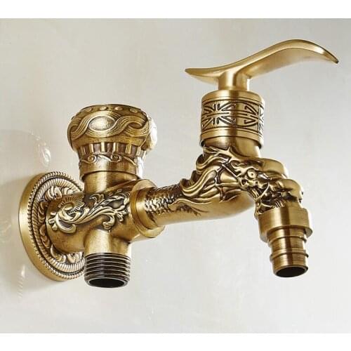 Antique Bronze Luxury Wall Mounted Total brass outdoor faucet bathroom double use washing machine tap faucet mixer Art Carved