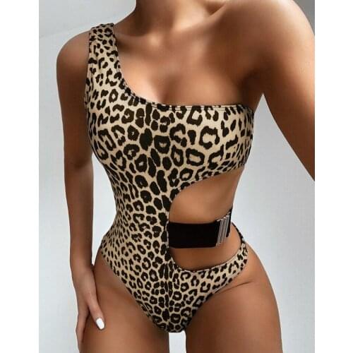 Sexy Leopard One Shoulder One Piece Swimsuit Women pink Swimwear Female Bather Asymmetrical Bathing Suit Swim Wear Monokini