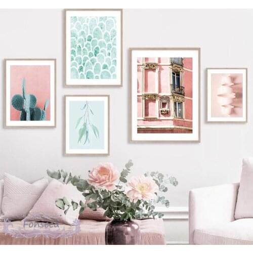 Blue Cockatoo Cactus Leaf Door Poster Vintage Pink Building Dandelion Wall Art Canvas Painting Nordic Pictures for Living Room