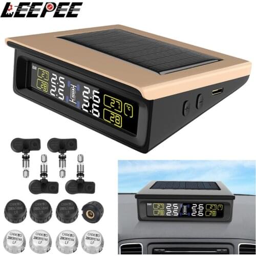 LEEPEE Car TPMS Auto Tyre Pressure Monitoring System Solar Power LCD Display with 4 Internal/External Sensor Replaceable Battery