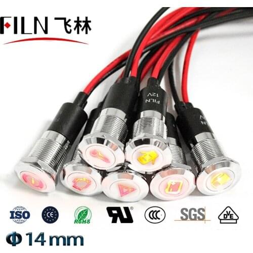 FILN 14mm panel hole led lights car applicance symbol indicator lights 24v led red green indicator light with wire
