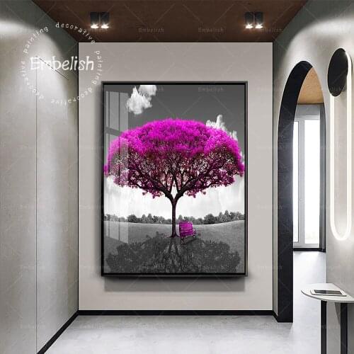 Embelish Long Bench Under Purple Tree Landscape Modern Home Decor Pictures For Living Room Wall Posters HD Canvas Painting