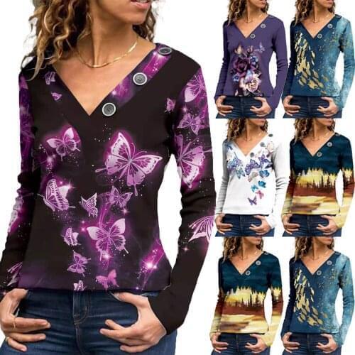 New Autumn Women V Neck Button Butterfly Print Long Sleeve T-shirts Casual Fashion Plus Size 2021 Elegant Pullover Shirt Tops
