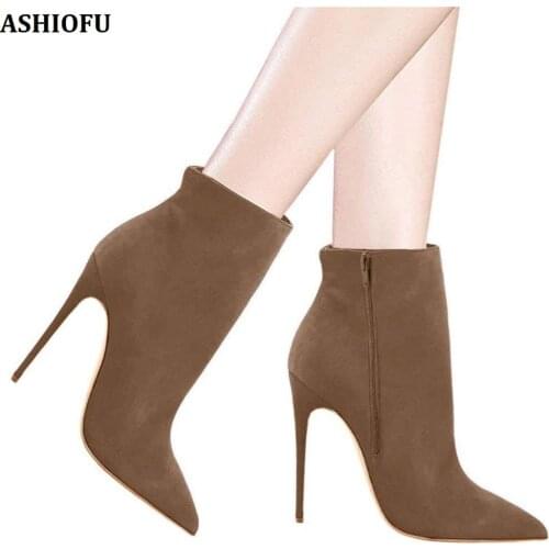 ASHIOFU Handmade Womens Ankle Boots Pointed Toe Party Prom Dress High Heel Boots Large Size Fashion Short Boots Shoes