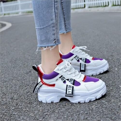 2020 New Spring New Leather Womens Platform Chunky Sneakers Fashion Women Flat Thick Sole Shoes Woman Dad Footwear