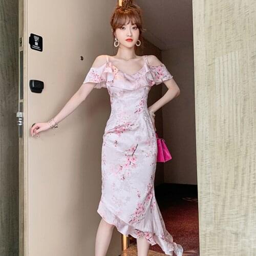 Fashion Korean Summer Casual Sexy Strap Sleeveless Midi Party Dress Ladies Elegant Robe Vintage Floral Ruffle Satin Beach Dress