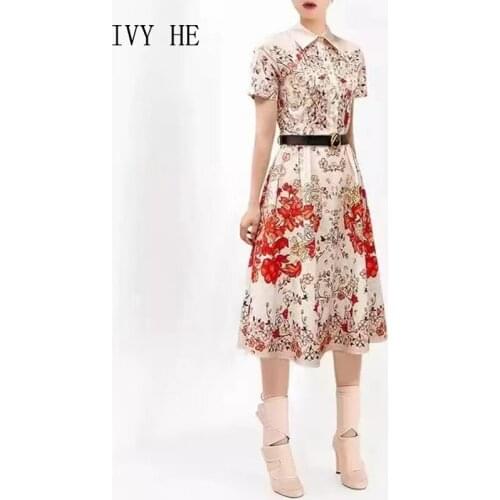 IVY HE Summer Womens Dress 2021 New Chimonanthus Positioning Printing Slim Zipper Short Sleeve Shirt Swing Dress With Belt