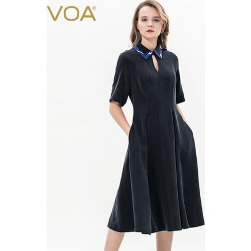 VOA 40m/m Silk Heavyweight Drop Collar Raglan Sleeve Bump Material Stitching Slim Ripe Female Temperament Summer Dress A10588