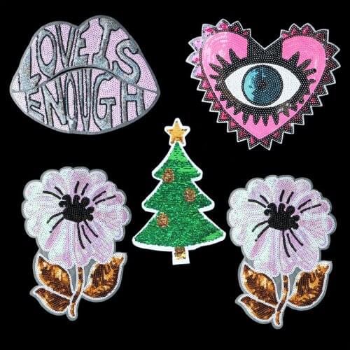 1 Large Sequin Card Love Lip Eye Flower Christmas Rree Patch Iron On Sewing Decal DIY Badge Embroidery Badge
