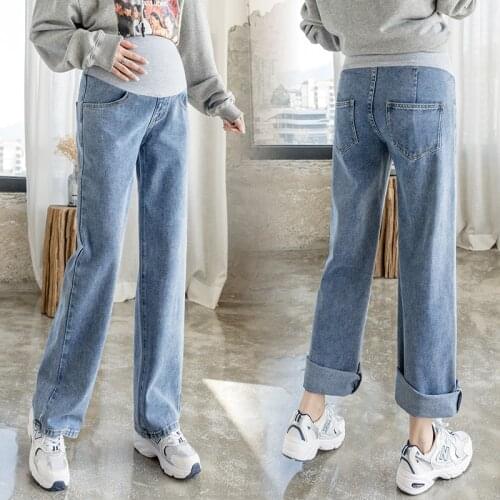 6657# 2021 Spring Washed Denim Maternity Full Long Jeans Wide Leg Straight Pants For Pregnant Women Autumn Pregnancy Trousers