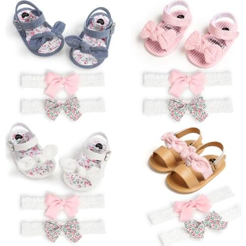 0-18 Months Newborn Baby Girl 3Pcs Cotton Shoes And Headband Summer Children Toddler Multicolor Floral Stripe Soft Sole Sandals