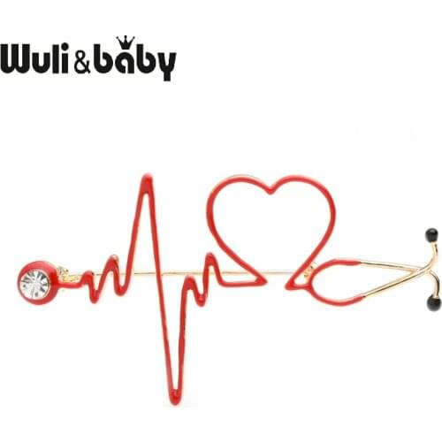 Wuli&baby Red Heart Rate Brooches Enamel Electrocardiogram Stethoscope Hospital Doctor Brooch Pins