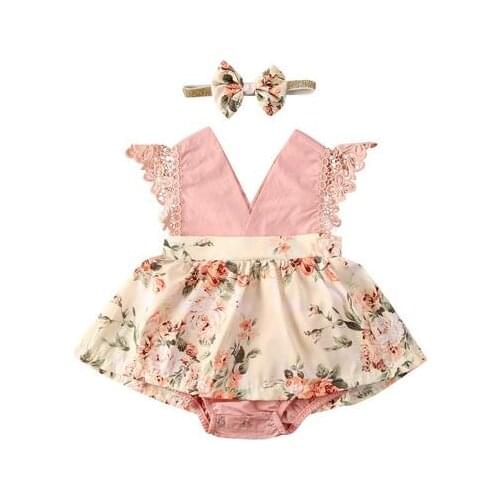 2021 0-24M Newborn Infant Baby Girls Romper Dress Floral Sleeveless Lace Pink V Neck Princess Jumpsuits Headband