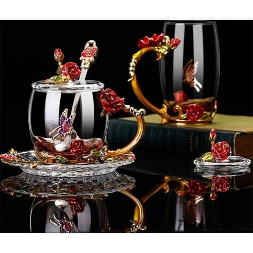 Creative Enamel Color Butterfly Love Flower Rose Tea Cup Glass Household Heat-Resistant Water Cup Milk Tea Cup Female Gift
