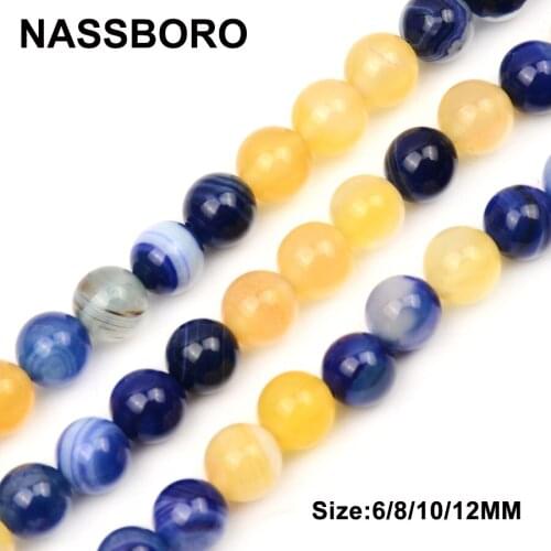 High Quality Blue Yellow Stripes Agates Beads Round Loose Natural Stone Beads Ball Diy Bracelet Jewelry Making 6/8/10/12MM