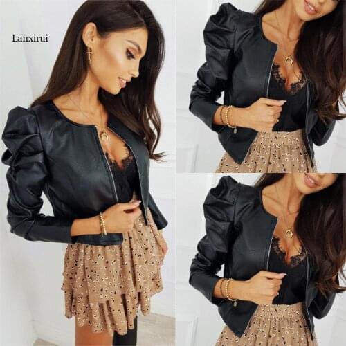 Black Faux Leather Jacket For Women Fashion Pu Leather Lady Coat Jackets With Zipper Outerwear Long Sleeve O Neck Female Top