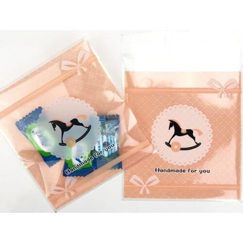 100Pcs 11x10cm Pink Horse Self Adhesive Biscuit Bags For Kids Birthday Party Supplies Cookie Candy Bags Pastry Bag Gift Package