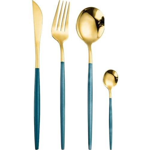 Stainless Steel Cutlery Set Fork Knives Dessert Spoon Long Handle Mirror Green Gold Christmas Tableware Dinnerware Flatware Set
