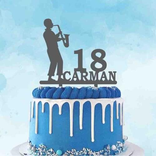 Personalized Music Party Cake Topper Custom Name Age Man Playing Saxophone Cake Topper For Music Birthday Party Cake Decoration