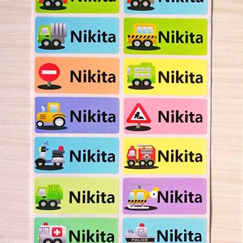 Personalized Name Stickers Waterproof Cartoon car Pattern Customize Tag Sticker Children School Stationery Decals Label