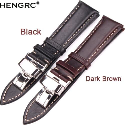 18-24mm Women Men Vintage Smooth Watch Band Strap Dark Brown Genuine Leather Bracelet Metal Butterfly Deployment Clasp Buckle