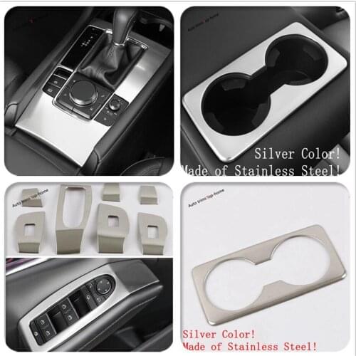 Yimaautotrims Silver Interior Refit Kit For Mazda 3 2019 2020 Armrest Window Lift Button / Gearbox / Water Cup Holder Cover Trim